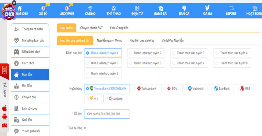 Phương thức nạp online